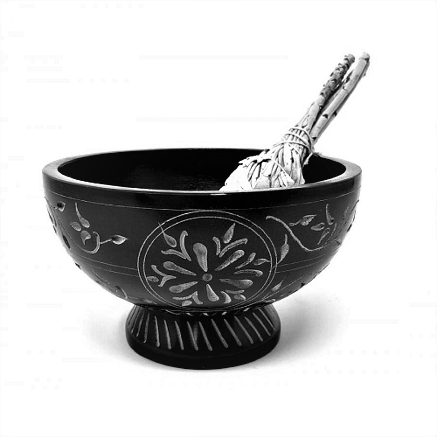 Floral hand carved Black Soap Stone Bowl 5" x 3"