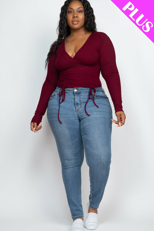Plus Size Ribbed Drawstring Long Sleeve Crop Top