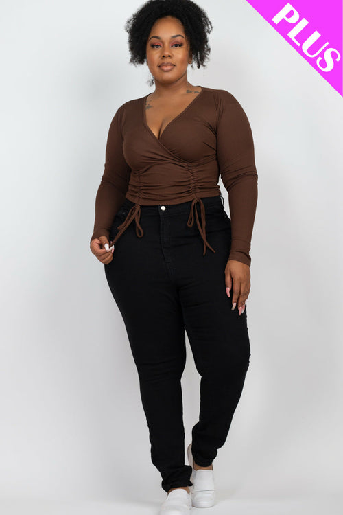 Plus Size Ribbed Drawstring Long Sleeve Crop Top