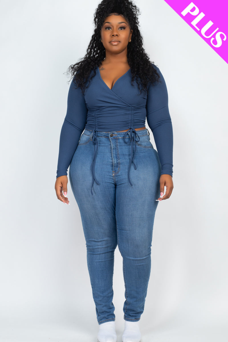 Plus Size Ribbed Drawstring Long Sleeve Crop Top