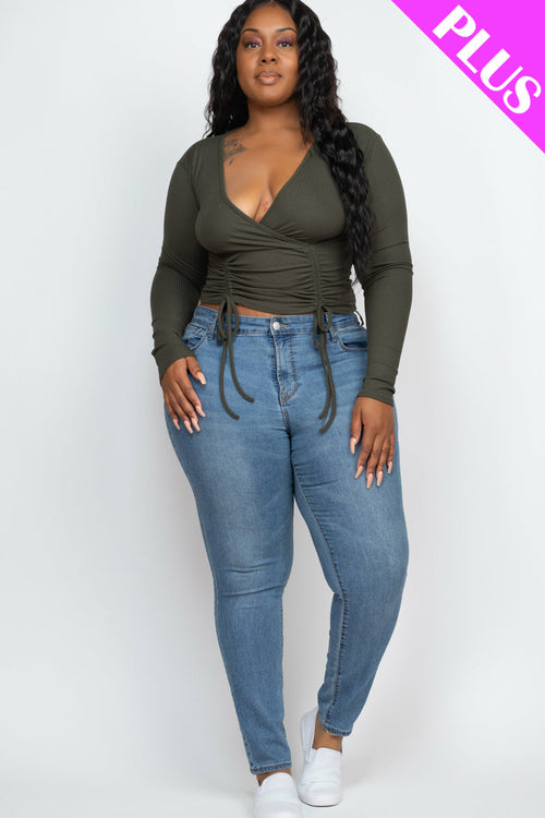 Plus Size Ribbed Drawstring Long Sleeve Crop Top
