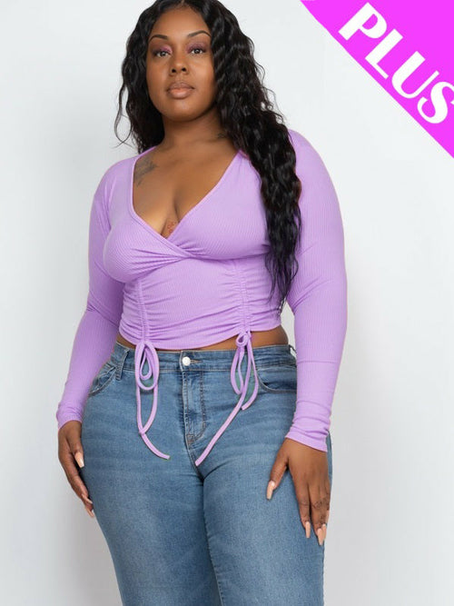Plus Size Ribbed Drawstring Long Sleeve Crop Top