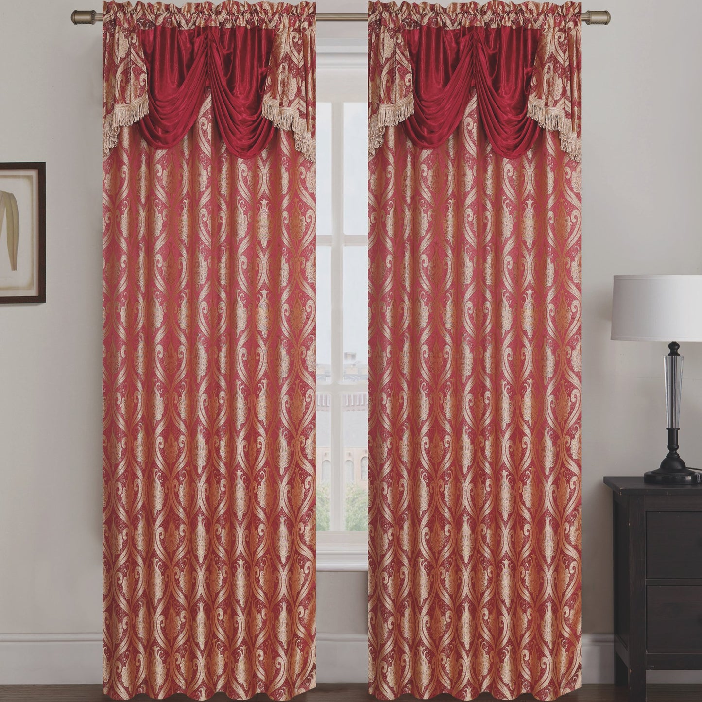 Rebecca Jacquard Rod Pocket Panel with Attached Valance Set of Two -