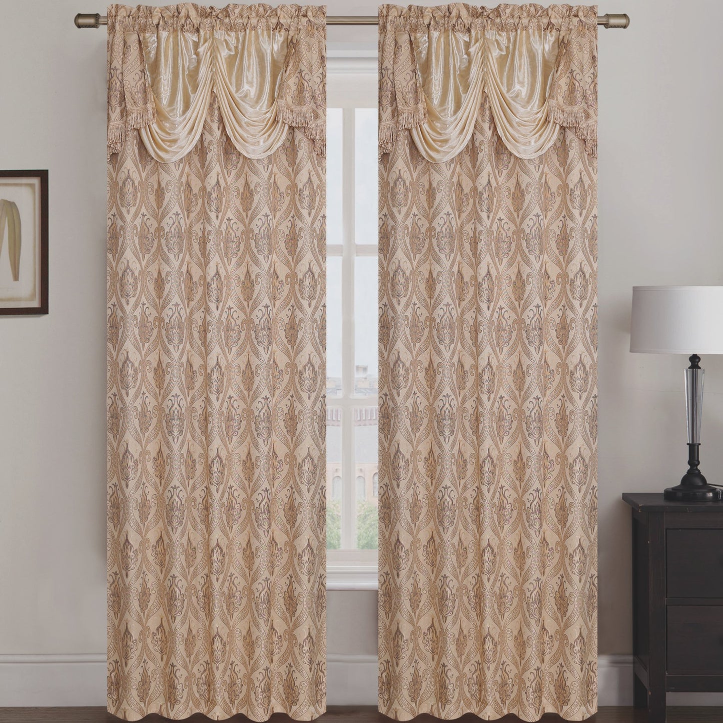 Rebecca Jacquard Rod Pocket Panel with Attached Valance Set of Two -