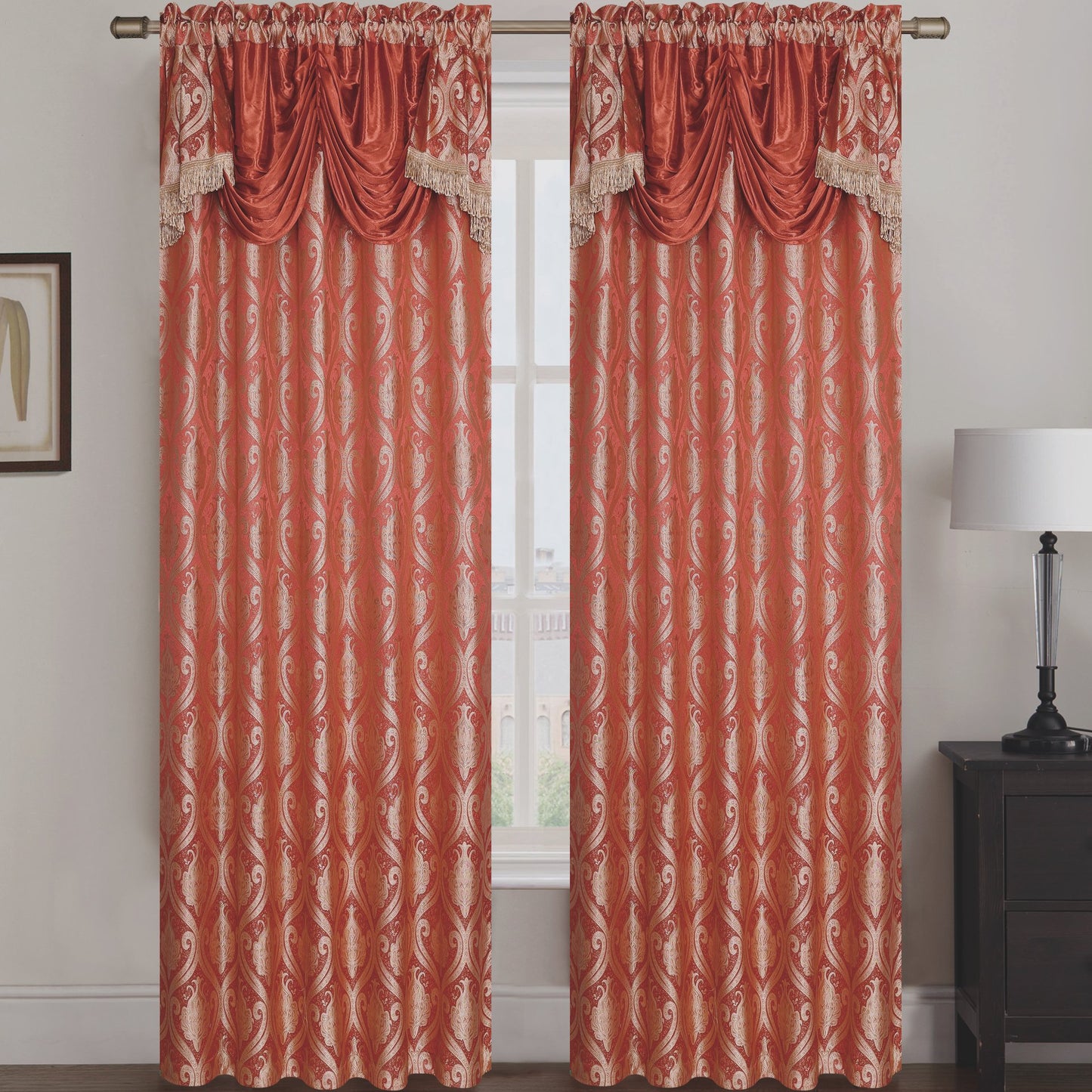 Rebecca Jacquard Rod Pocket Panel with Attached Valance Set of Two -