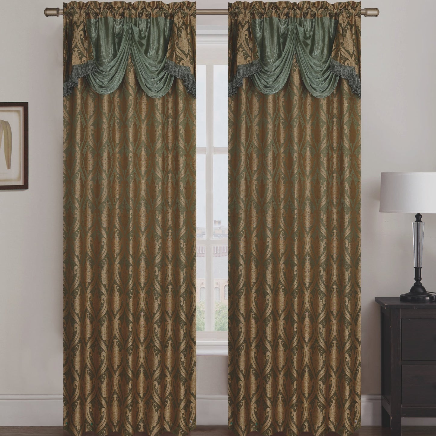 Rebecca Jacquard Rod Pocket Panel with Attached Valance Set of Two -