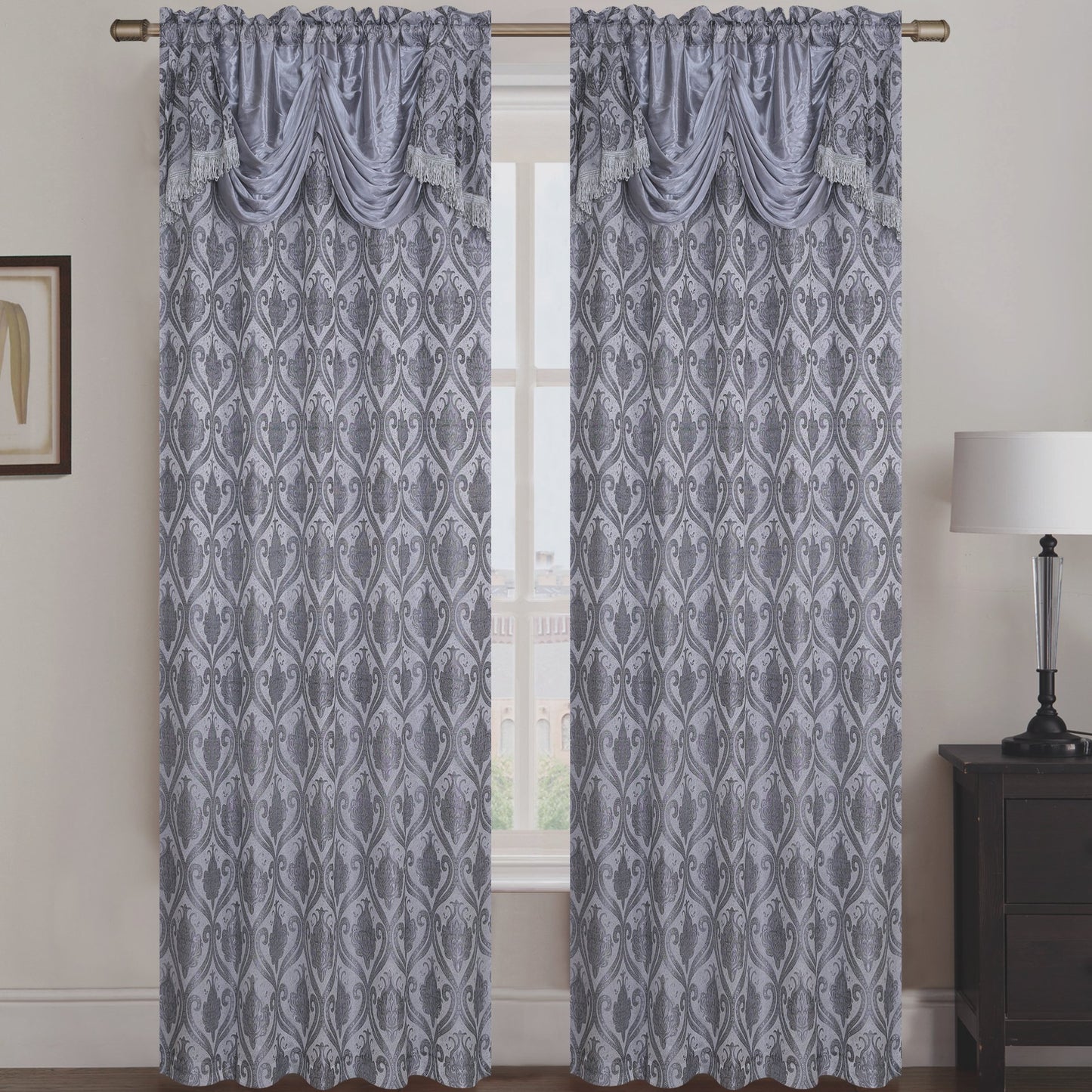 Rebecca Jacquard Rod Pocket Panel with Attached Valance Set of Two -