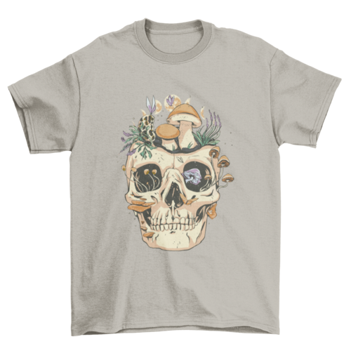 Skull with mushrooms and flowers t-shirt