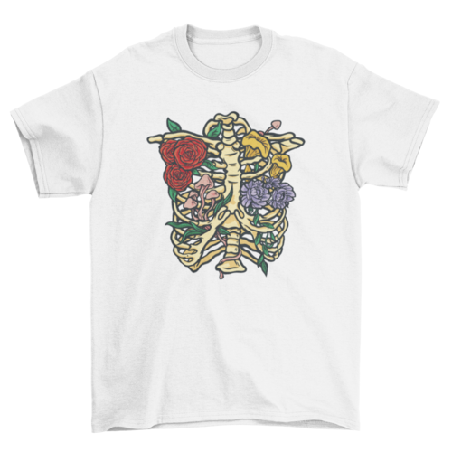 Flowers and mushrooms in skeleton t-shirt design