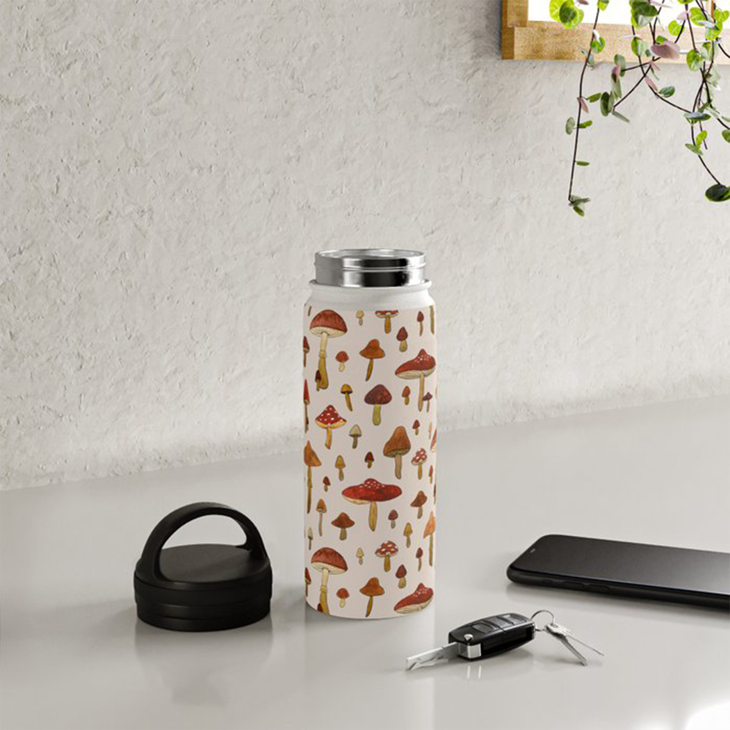 Watercolor Mushroom Handle Lid Water Bottle