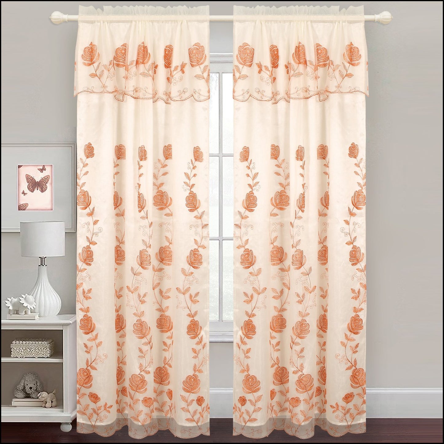 Embroidered Curtain Panel With Backing- Assorted Colors
