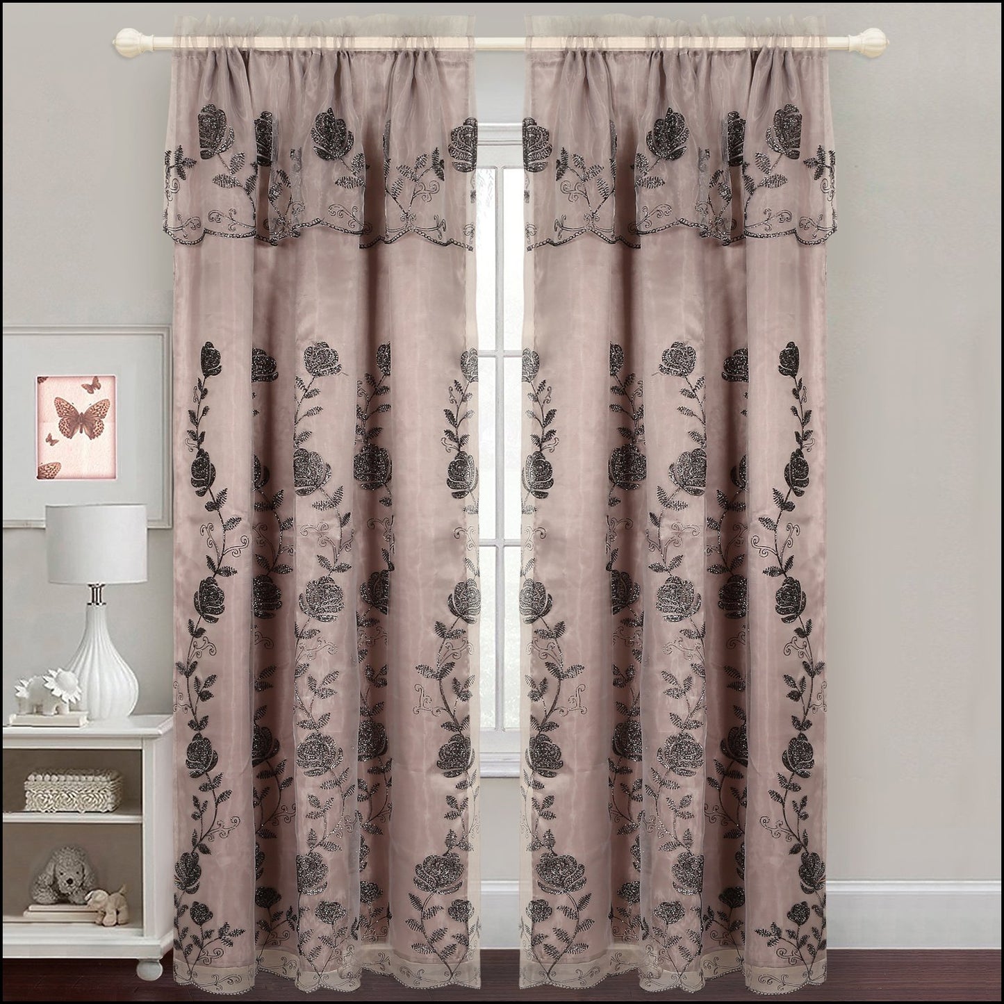 Embroidered Curtain Panel With Backing- Assorted Colors