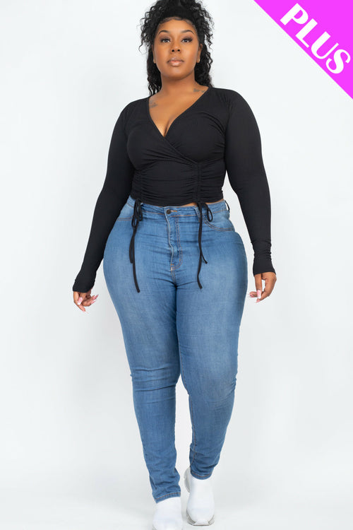 Plus Size Ribbed Drawstring Long Sleeve Crop Top