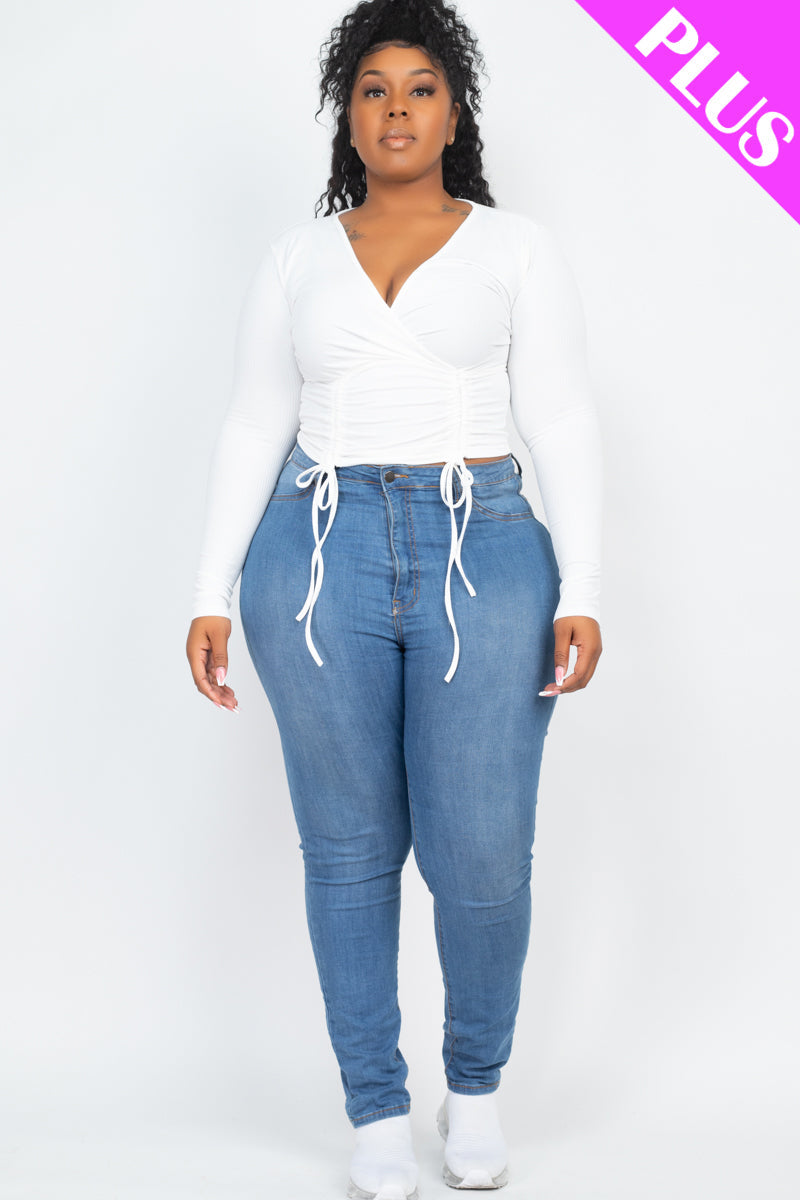 Plus Size Ribbed Drawstring Long Sleeve Crop Top