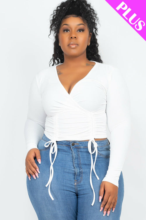 Plus Size Ribbed Drawstring Long Sleeve Crop Top