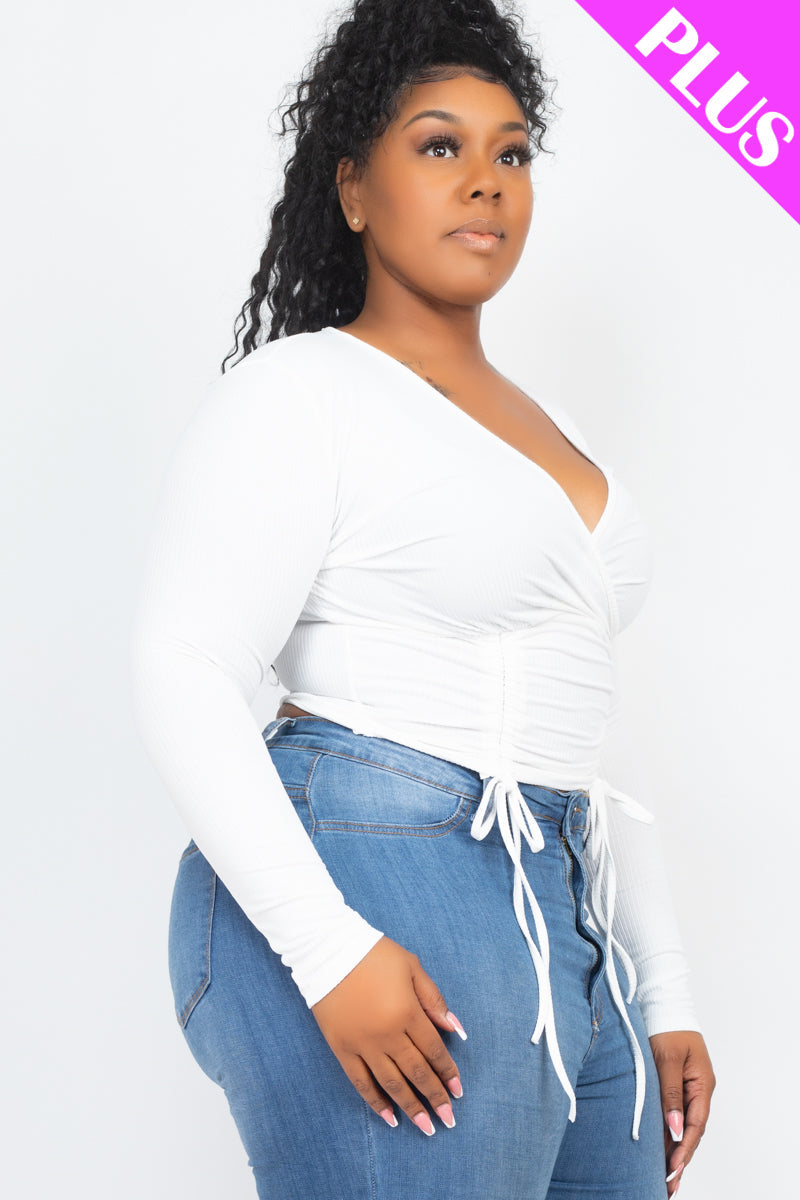 Plus Size Ribbed Drawstring Long Sleeve Crop Top