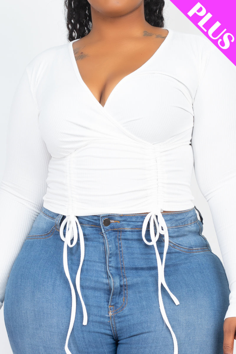 Plus Size Ribbed Drawstring Long Sleeve Crop Top