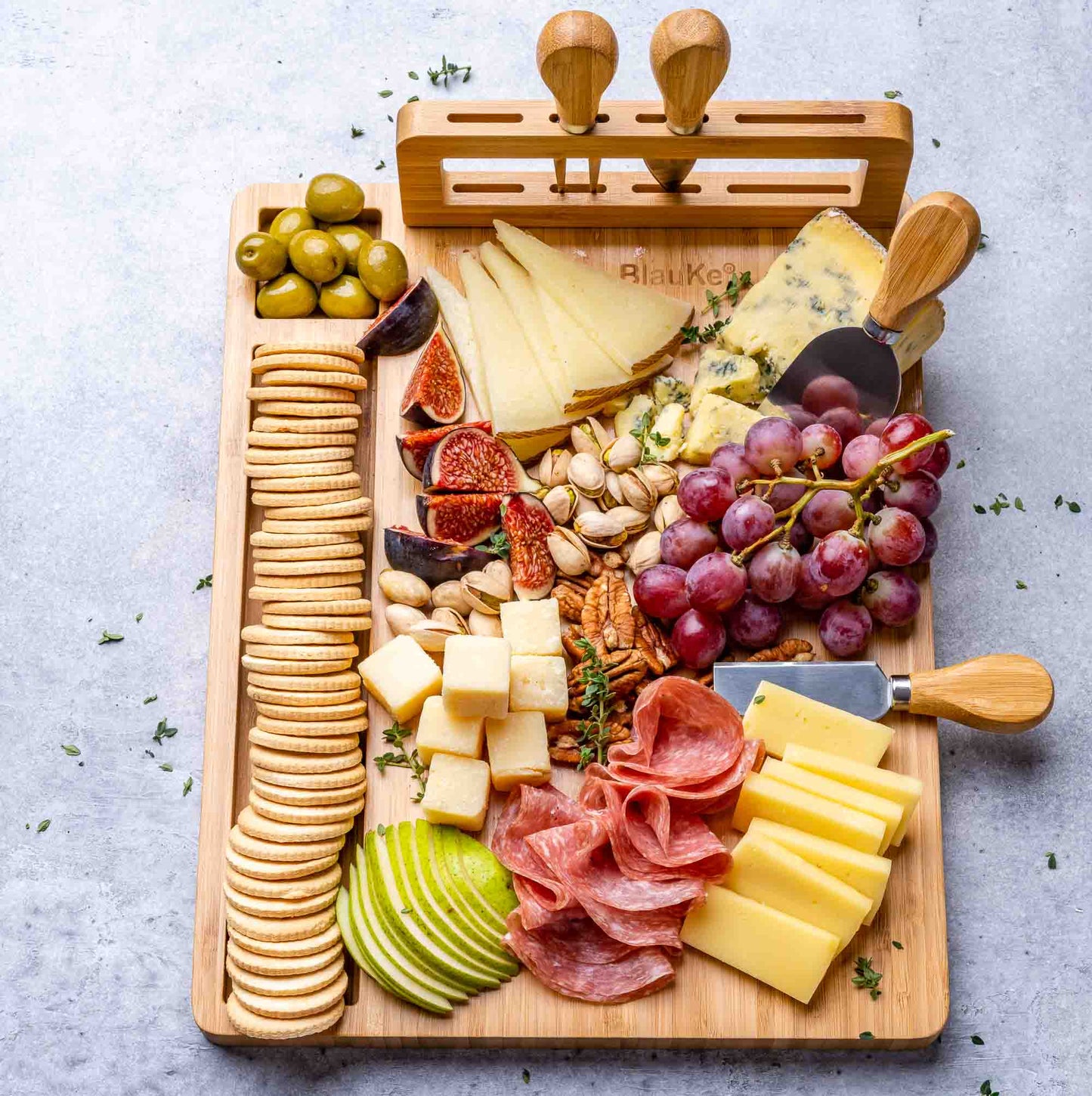 Bamboo Cheese Board and Knife Set - 14x11 inch Charcuterie Board with