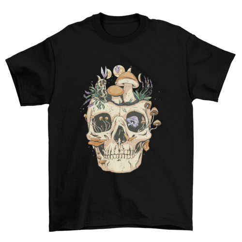 Skull with mushrooms and flowers t-shirt