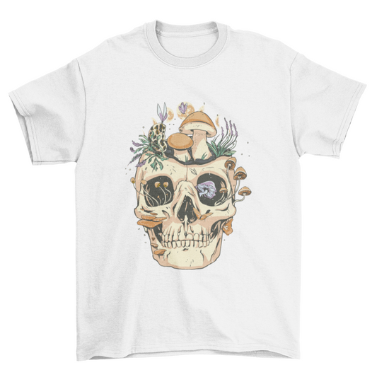 Skull with mushrooms and flowers t-shirt