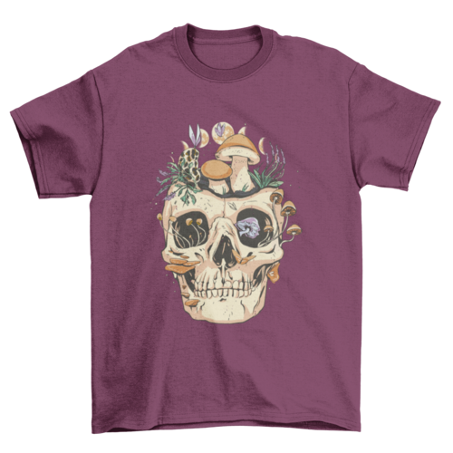 Skull with mushrooms and flowers t-shirt