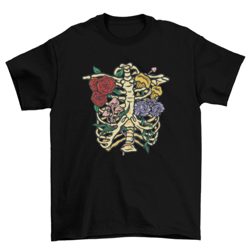 Flowers and mushrooms in skeleton t-shirt design