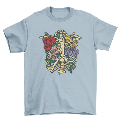 Flowers and mushrooms in skeleton t-shirt design