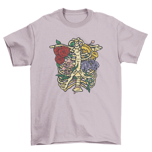 Flowers and mushrooms in skeleton t-shirt design