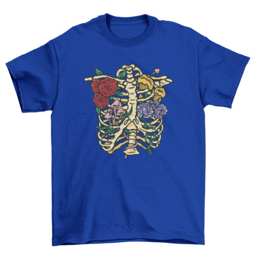 Flowers and mushrooms in skeleton t-shirt design