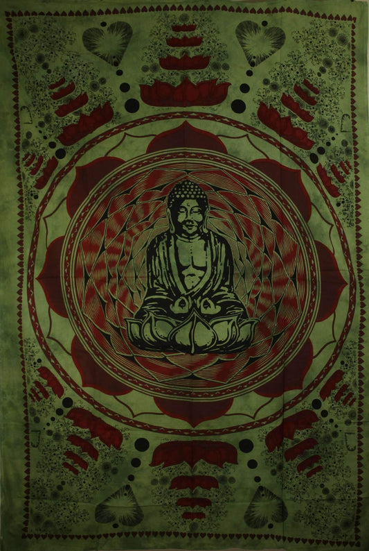 Green Buddha Dharma Chakra Mudra On A Lotus Flower Tapestry