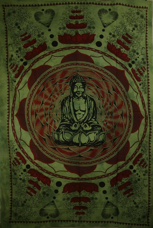 Green Buddha Dharma Chakra Mudra On A Lotus Flower Tapestry