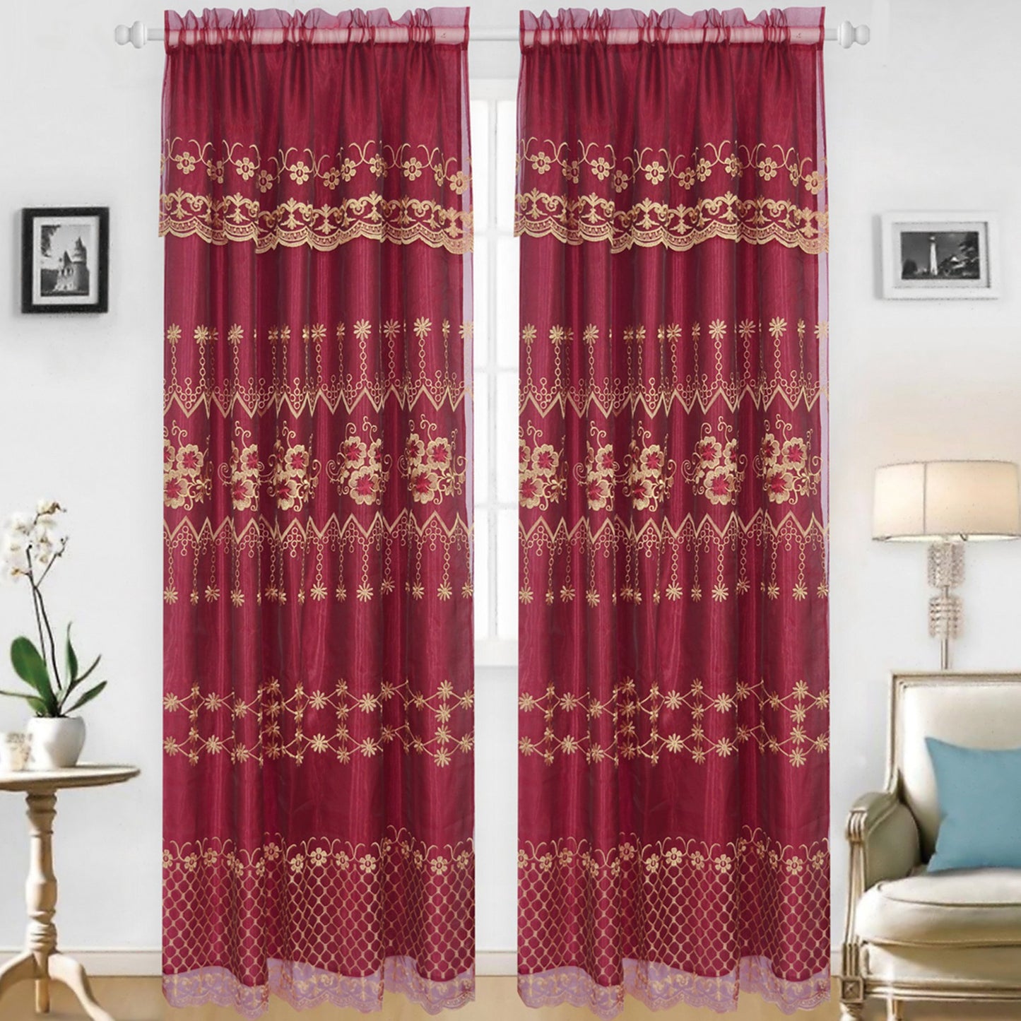 Embroidered Curtain Panel With Backing - Assorted Colors