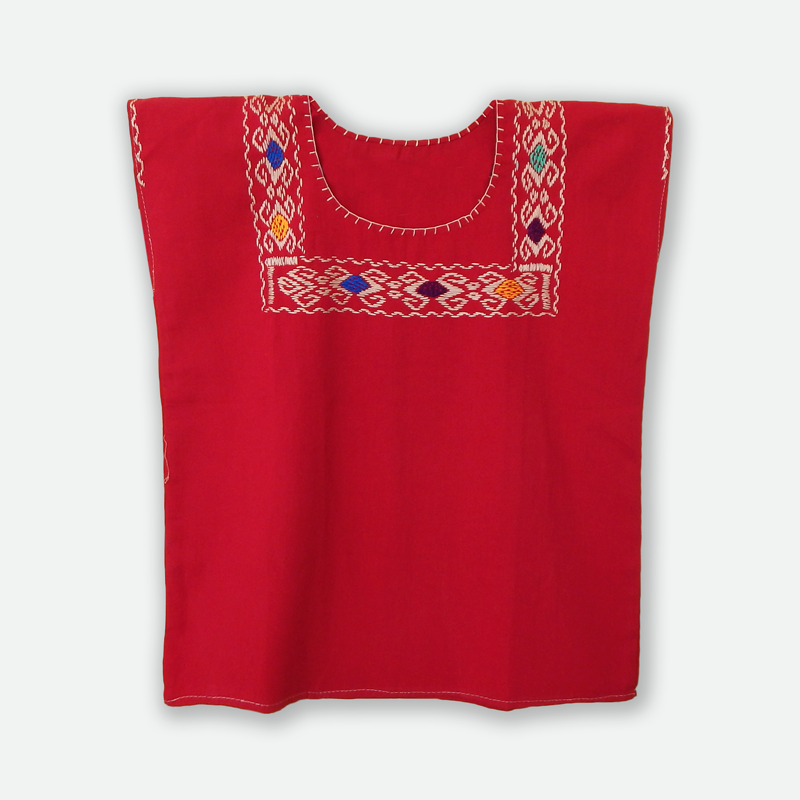 Red Blouse Huipil with Colorful Hand Stitched Embroidery