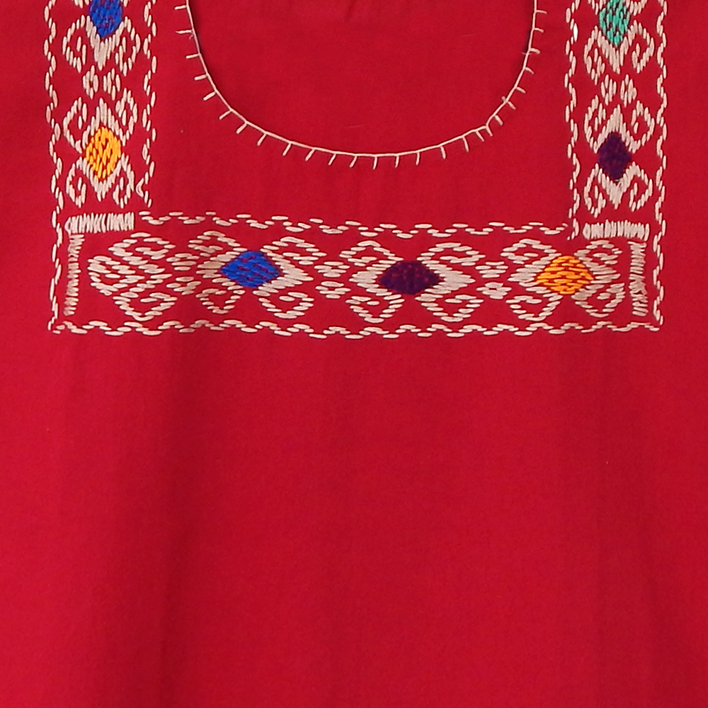 Red Blouse Huipil with Colorful Hand Stitched Embroidery