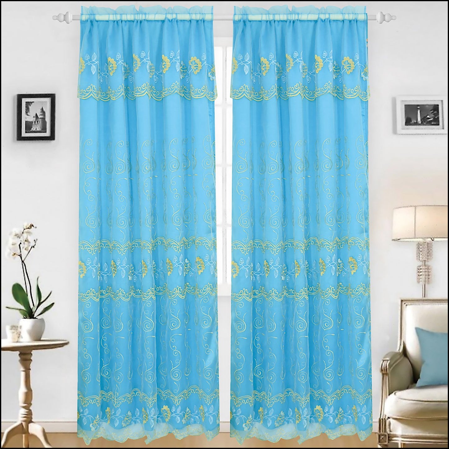 Embroidered Curtain Panel With Backing - Assorted Colors