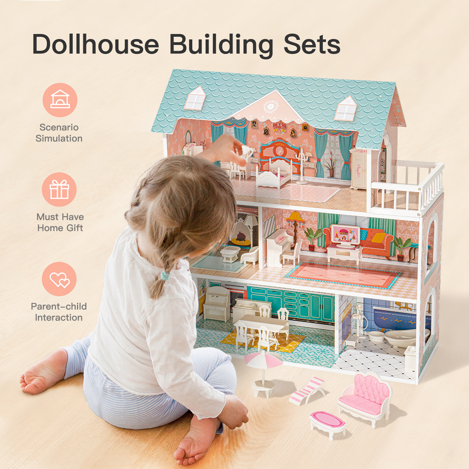 Wooden Doll House | Kids Wooden Dollhouse | Vibe High Essentials