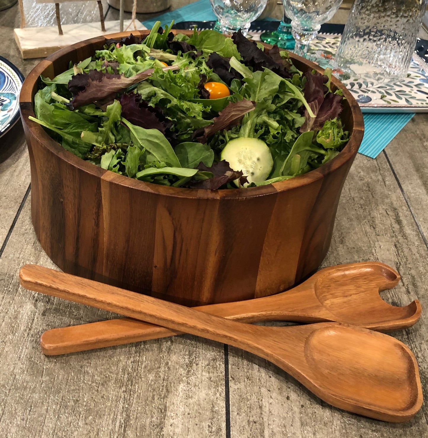 Acacia Wood Salad Bowl with Servers 12" x 5"