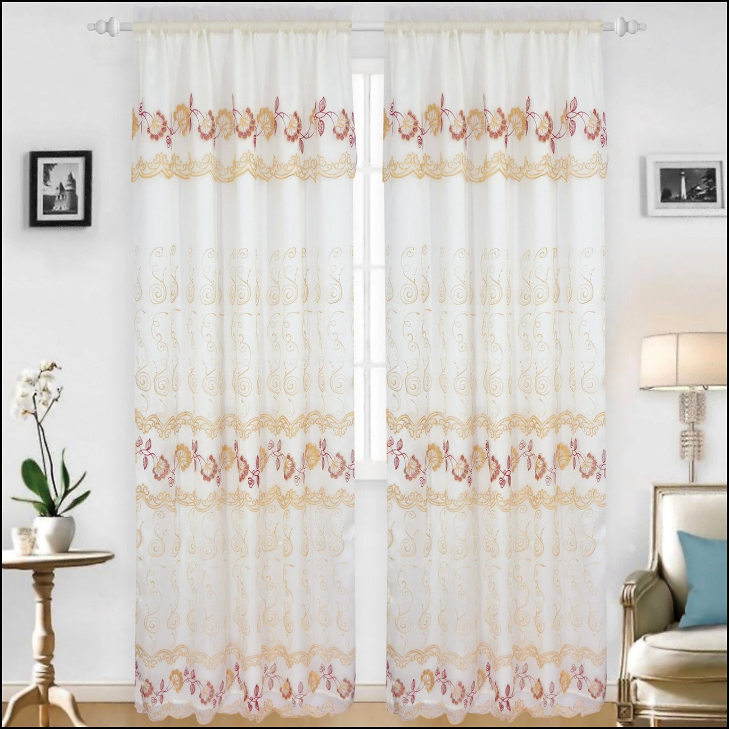 Embroidered Curtain Panel With Backing - Assorted Colors